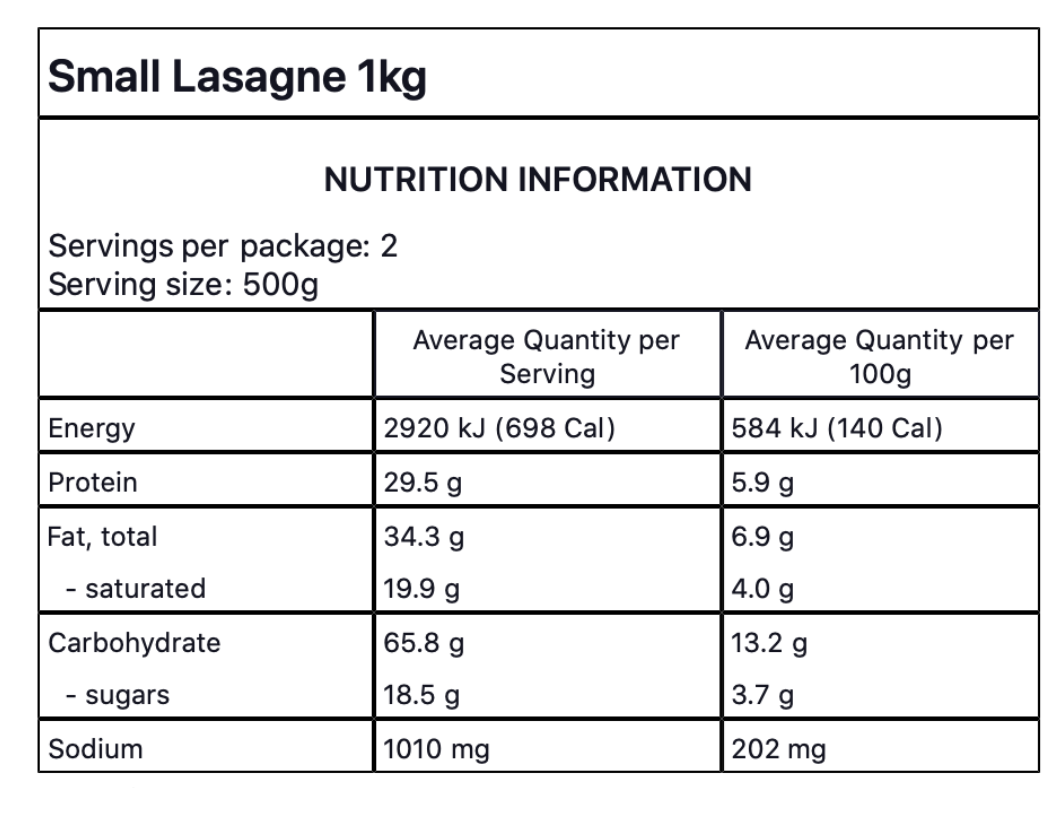 SMALL Lasagne (GF) - 1kg